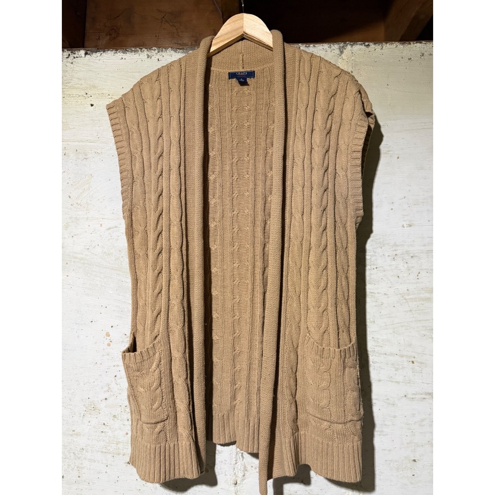 Chaps Denim Womens Large Tan Cable Knit Open Front Sleeveless Cardigan Vest Cozy